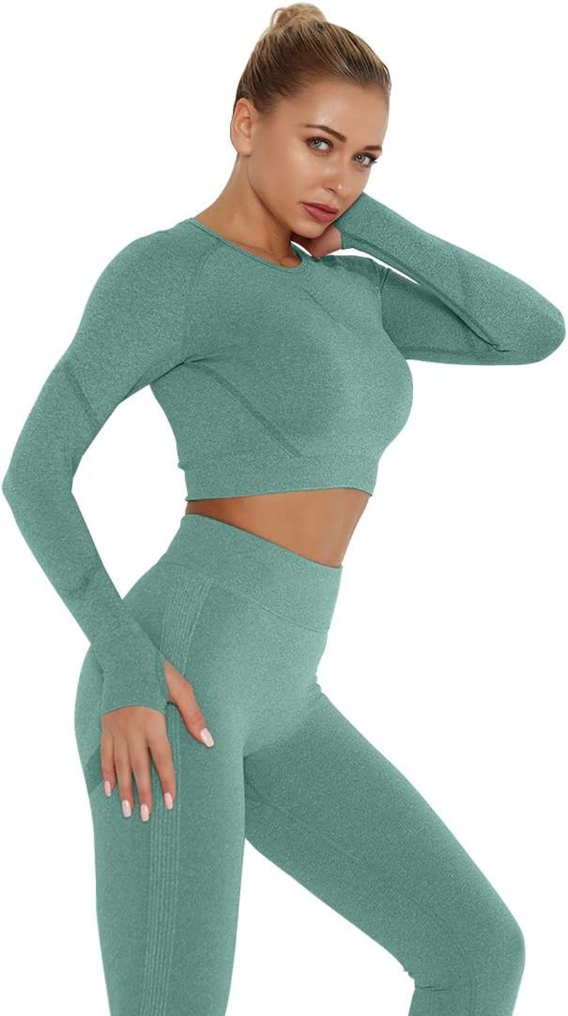 Women Butt Lifting Yoga Legging Long Sleeve Crop Top Tummy Control 2 Piece Workout Outfits Sets Green S